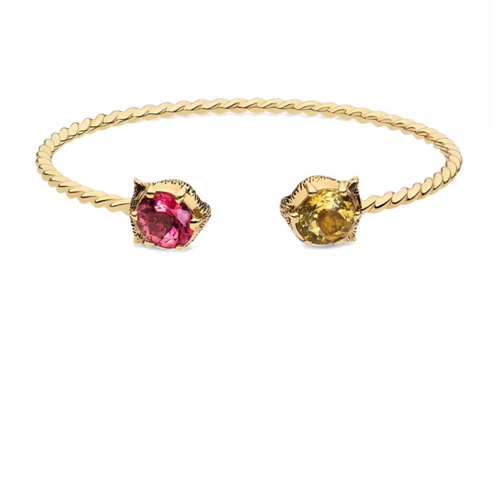 Gucci 18K Yellow Gold Feline Head Citrine Tourmaline Cuff Bracelet